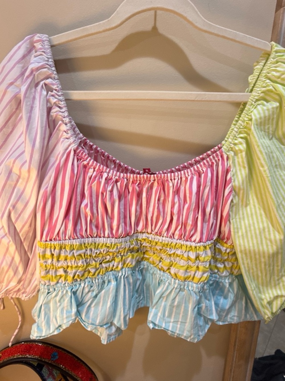STAUD Striped Smocked Crop Top in Pink, Yellow, Blue, Green